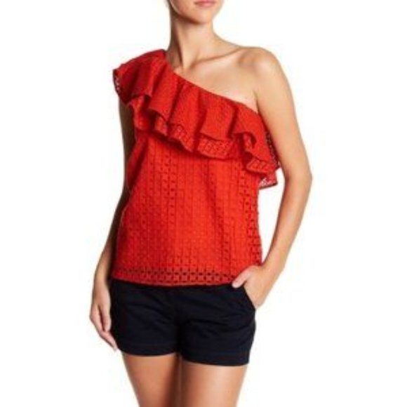 Red One Shoulder Lace Top - Picture 2 of 13